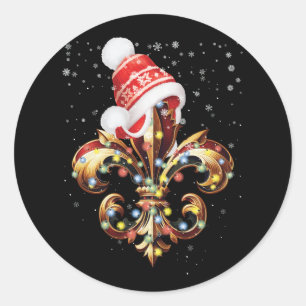 Sticker Rond Fleur De Lis Ornement De Noël Avec Santa Hat Xma