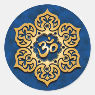 Sticker Rond Fleur de Lotus bleu d'or OM