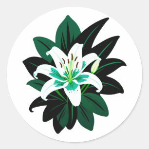 Sticker Rond Fleur de lys blanche avec feuilles vert foncé