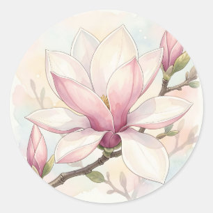 Sticker Rond Fleur de magnolia rose délicate à l'aquarelle