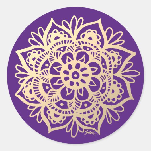 Sticker Rond Fleur de mandala or et violet (Devant)