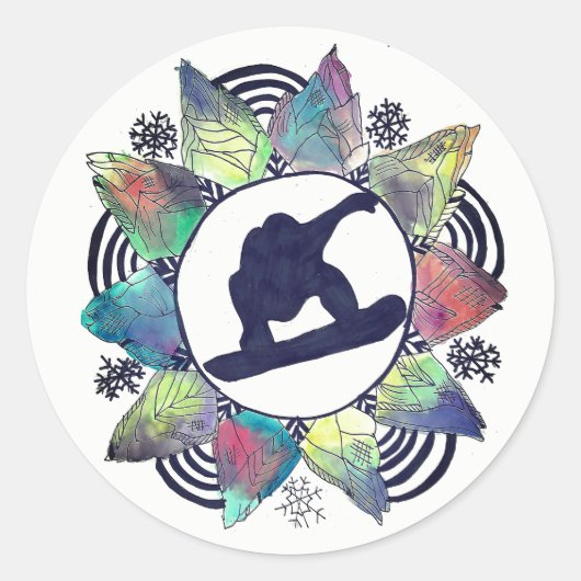Sticker Rond Fleur de montagne Snowboarder (Devant)