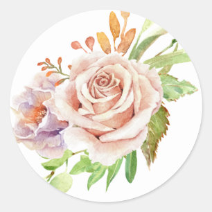 Sticker Rond Fleur de Rose Aquarelle Rose Foncé Mariage