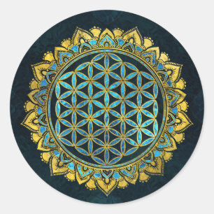 Sticker Rond Fleur de vie or et verre à texture bleue