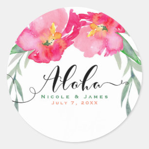 Sticker Rond Fleur de vigne verte tropicale rose, fête Aloha