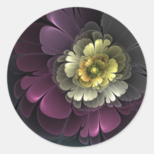 Sticker Rond Fleur fractale grise et pourpre moderne abstraite