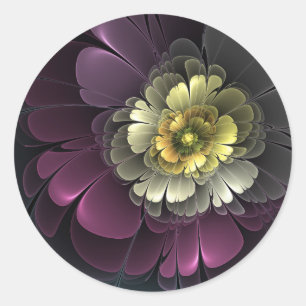 Sticker Rond Fleur fractale grise et pourpre moderne abstraite