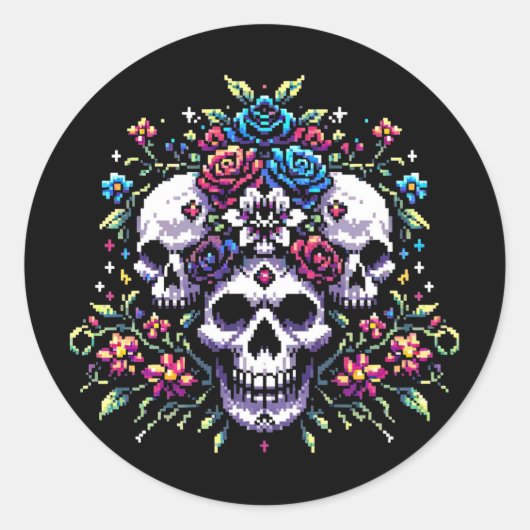 Sticker Rond Fleur gothique - Mystique floral crâne Pixel Art (Devant)