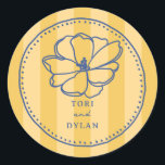 Sticker Rond Fleur Jaune Bleu Bleu Mariage botanique<br><div class="desc">Illustration de fleur d'art en ligne bleue avec texte bleu et bordure dessinée à la main sur l'arrière - plan rayé jaune clair.</div>