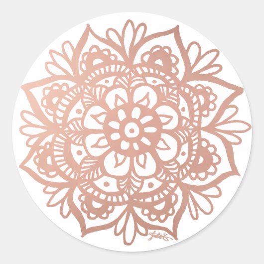 Sticker Rond Fleur Mandala rose or rose (Devant)