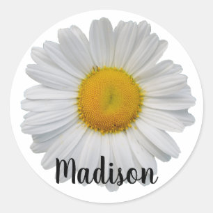 Sticker Rond Fleur marguerite blanche Nom personnalisé