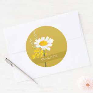 Sticker Rond Fleur marguerite blanche Nom personnalisé