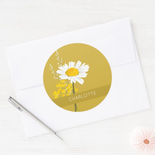 Sticker Rond Fleur marguerite blanche Nom personnalisé (Enveloppe)