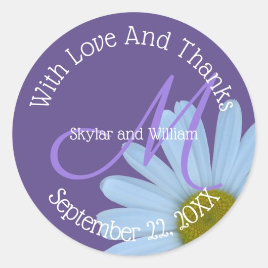 Sticker Rond Fleur Mariage Violet De Faisée Avec Amour Et Merci (Devant)