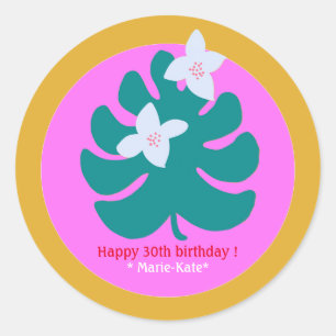Sticker Rond Fleur moderne tropicale colorée nom rose