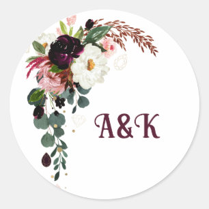 Sticker Rond Fleur MONOGRAMM boho bouquet bordeaux