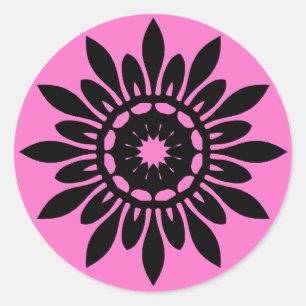 Sticker Rond Fleur noire mignonne de mandala sur le rose