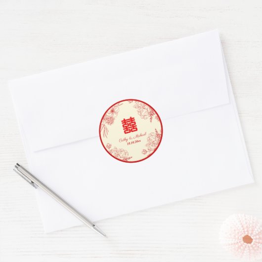 Sticker Rond Fleur orientale mariage rouge (Enveloppe)