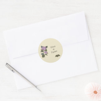 Sticker Rond Fleur pourpre simpliste avec Feuilles verts