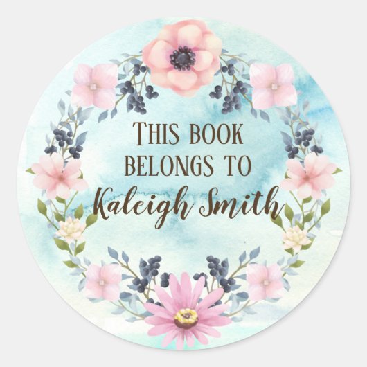 Sticker Rond Fleur rose Bleu Berry Wreath Aquarelle Nom (Devant)