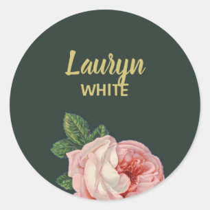 Sticker Rond Fleur rose et feuilles sur vert foncé
