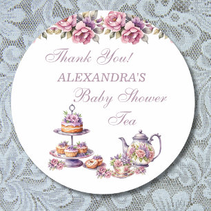 Sticker Rond Fleur rose Lilac Tea Party Baby shower Favoriser