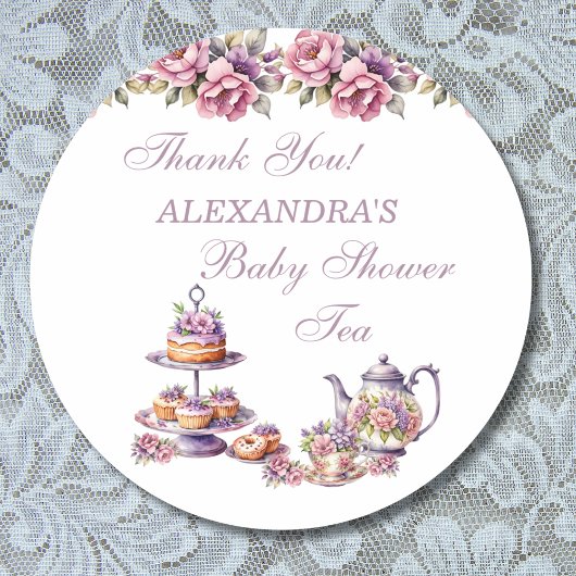 Sticker Rond Fleur rose Lilac Tea Party Baby shower Favoriser