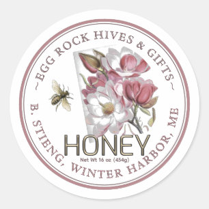 Sticker Rond Fleur rose Magnolia Editable Miel Jar Bee Étiquett