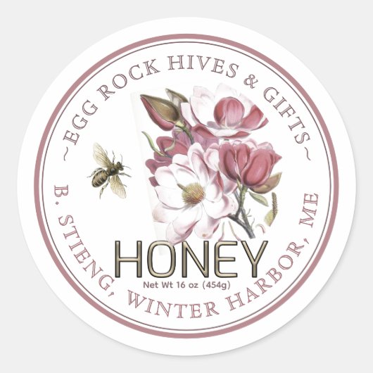 Sticker Rond Fleur rose Magnolia Editable Miel Jar Bee Étiquett (Devant)