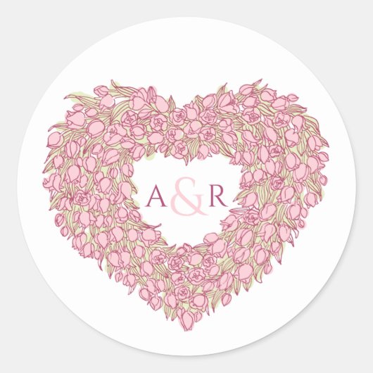 Sticker Rond Fleur rose mariage tulipes coeur bouquet monogramm (Devant)