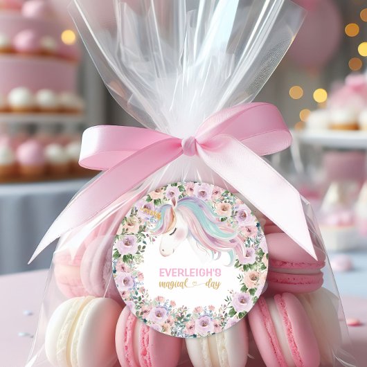 Sticker Rond Fleur rose Unicorne magique 1er anniversaire