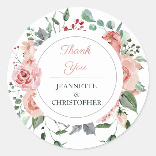 Sticker Rond Fleur rose vif Merci Mariage romantique Classi (Devant)