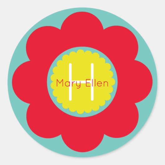 Sticker Rond Fleur rouge vif et jaune sur Monogramme Turquoise (Devant)