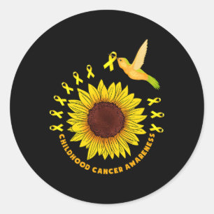 Sticker Rond Fleur Ruban d'Or Oiseau Soutien Enfance Cancer A