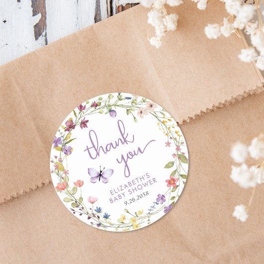 Sticker Rond Fleur sauvage Aquarelle bébé fille douche Merci