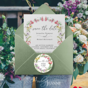 Sticker Rond Fleur Sauvage Aquarelle Écriture Save the Date