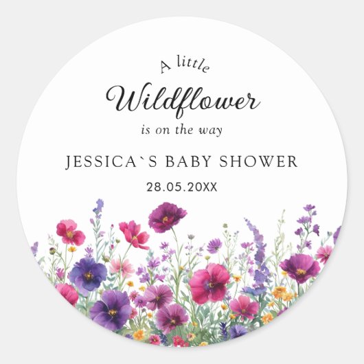 Sticker Rond Fleur sauvage, Baby shower à fleurs violettes (Devant)