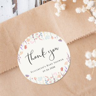 Sticker Rond Fleur sauvage Baby shower aquarelle crème Merci