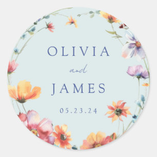 Sticker Rond Fleur sauvage bleu Mariage d'été Wreath