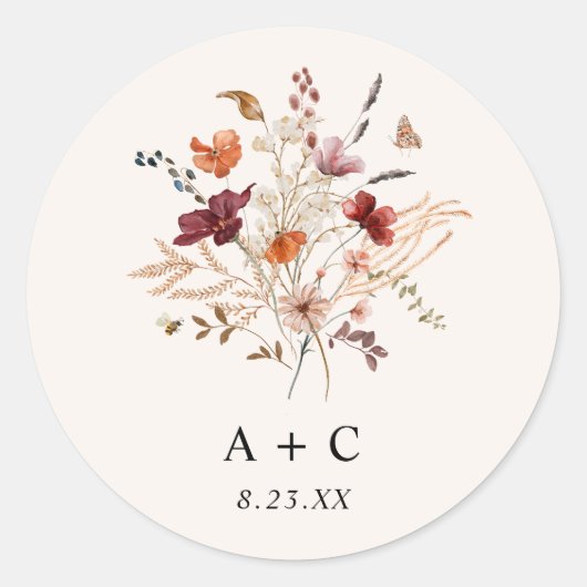Sticker Rond Fleur sauvage Boho Automne Bourgogne Mariage rouil (Devant)