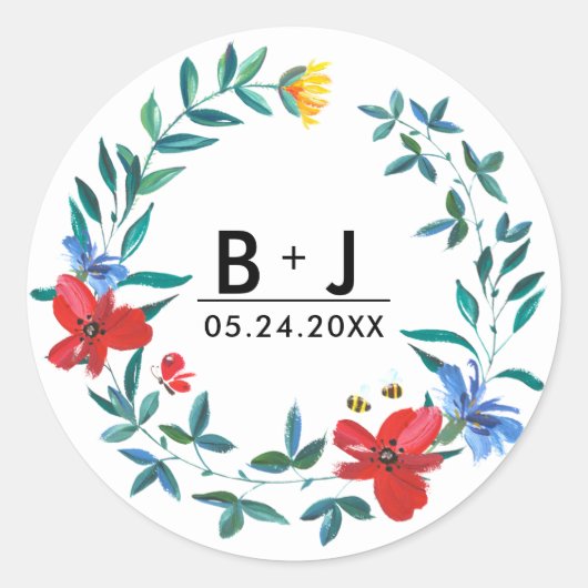 Sticker Rond Fleur sauvage d'été Mariage Monogramme (Devant)