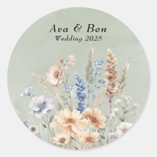 Sticker Rond Fleur sauvage Mariage Sage Green Dusty