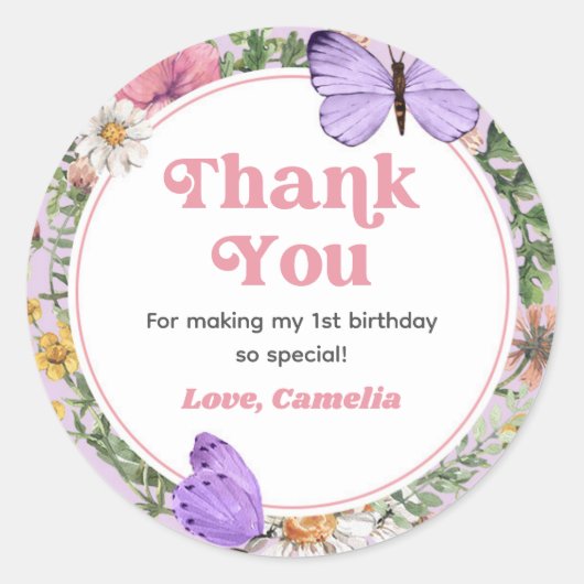 Sticker Rond Fleur sauvage papillon Anniversaire Merci (Devant)