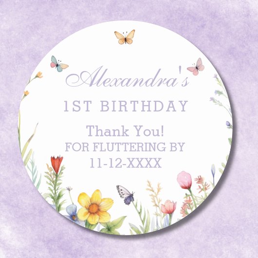 Sticker Rond Fleur sauvage papillon fille 1er anniversaire Merc