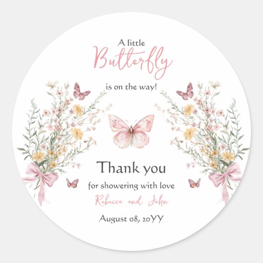 Sticker Rond Fleur sauvage papillon rustique Baby shower floral (Devant)