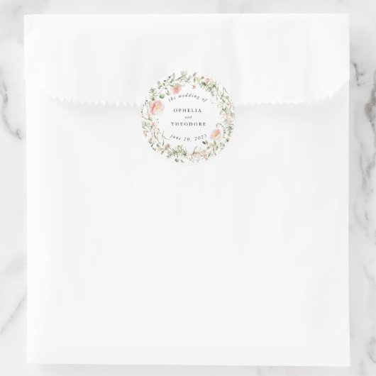 Sticker Rond Fleur sauvage rose Aquarelle Mariage Favoriser Mer (Sac)