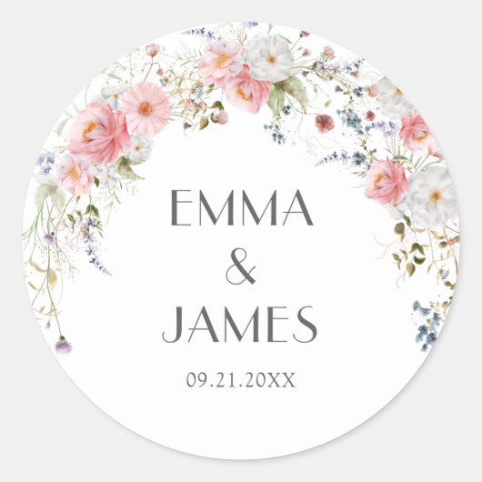 Sticker Rond Fleur sauvage rose blanc Mariage (Devant)