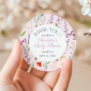 Sticker Rond Fleur sauvage rose fille Baby shower Merci Favor