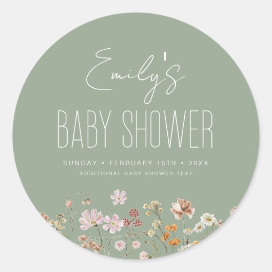 Sticker Rond Fleur sauvage Sage Green Baby shower Boho En Fleur (Devant)