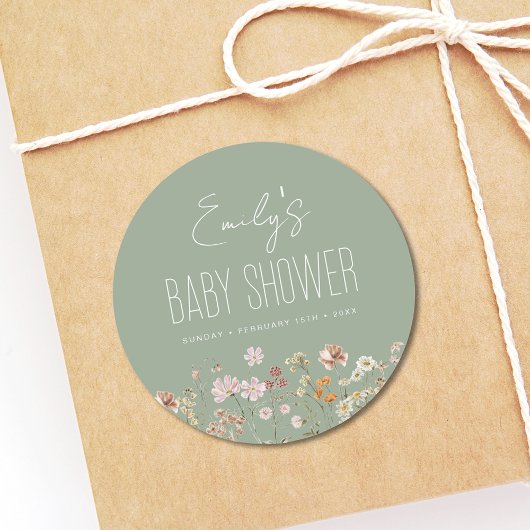 Sticker Rond Fleur sauvage Sage Green Baby shower Boho En Fleur